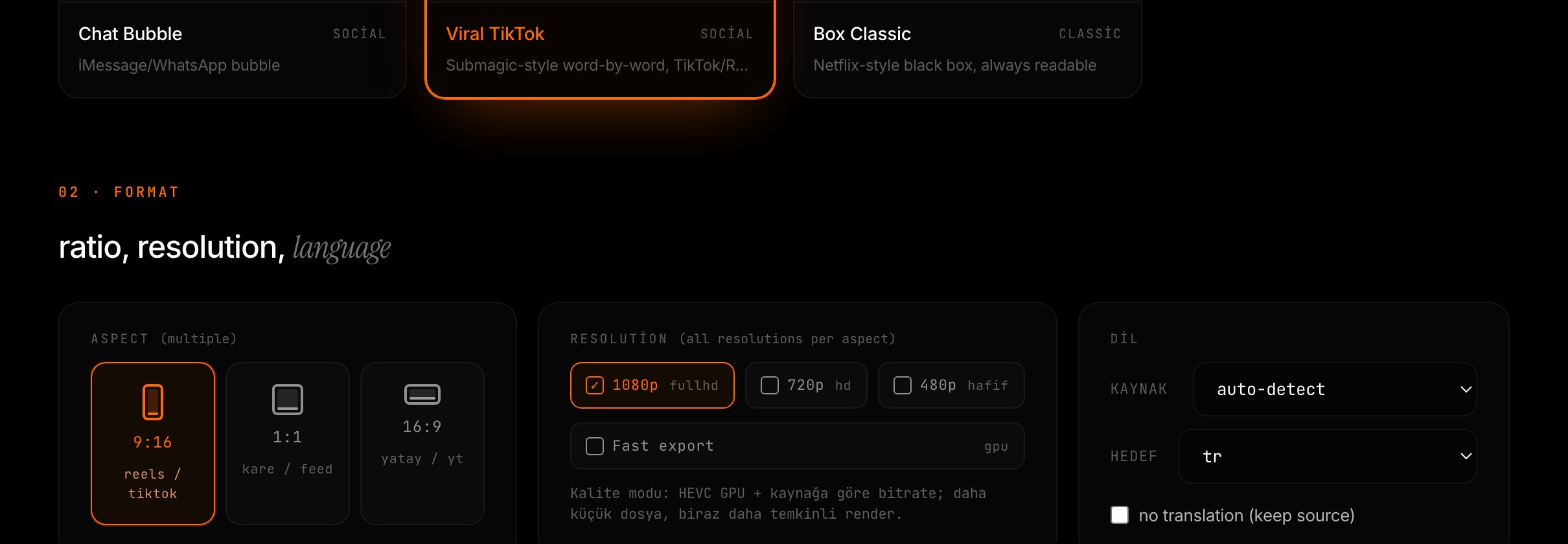 Lumisty export ekranı: 9:16, 1:1 ve 16:9 oran seçenekleri ile burned-in altyazılı çıktı / Lumisty export screen: 9:16, 1:1 and 16:9 ratio options with burned-in subtitle output